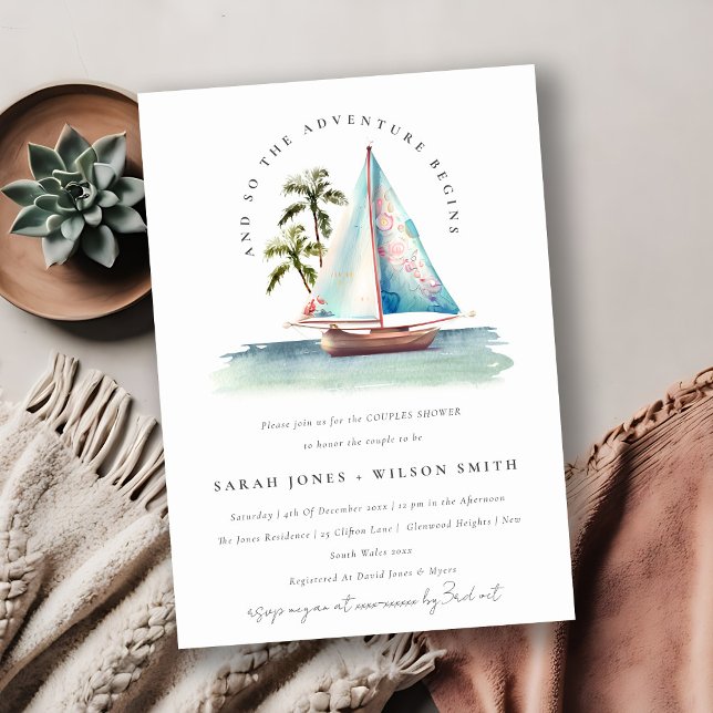 Invitación Dusky Verde azulado Sailboat Palm Seascape Parejas (Subido por el creador)