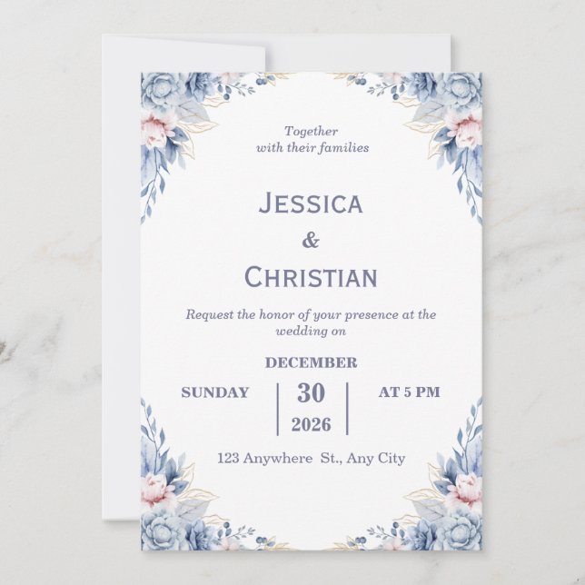 Invitación Dust Blue Floral Wedding Invitation  (Anverso)