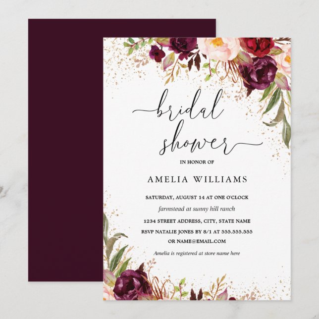 Invitación Dust Gold Burgundy Floral Bridal Shower (Anverso / Reverso)