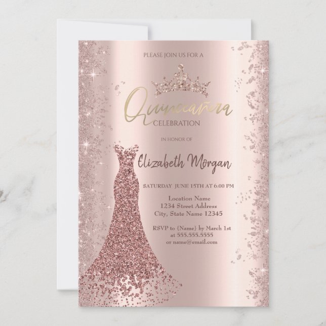 Invitación Dust Quinceañera Rosa de la vestimenta del diamant (Anverso)
