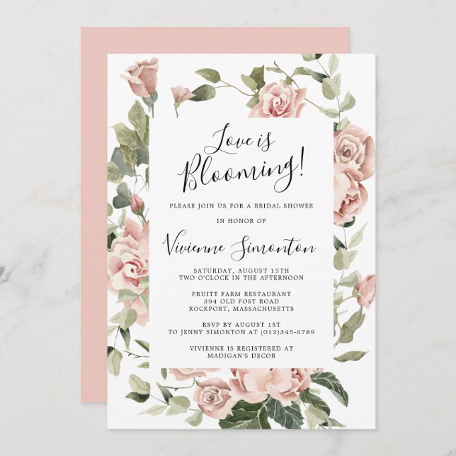 Invitación Duste amor rosa floral florece ducha de novia (Anverso / Reverso)