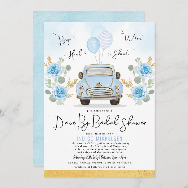 Invitación Duste Auto Floral Azul Floral Retro Con Ducha Brit (Anverso / Reverso)