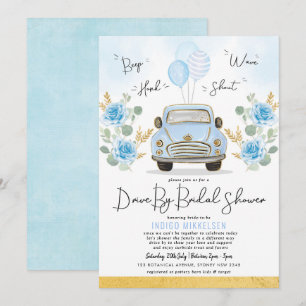 Invitación Duste Auto Floral Azul Floral Retro Con Ducha Brit