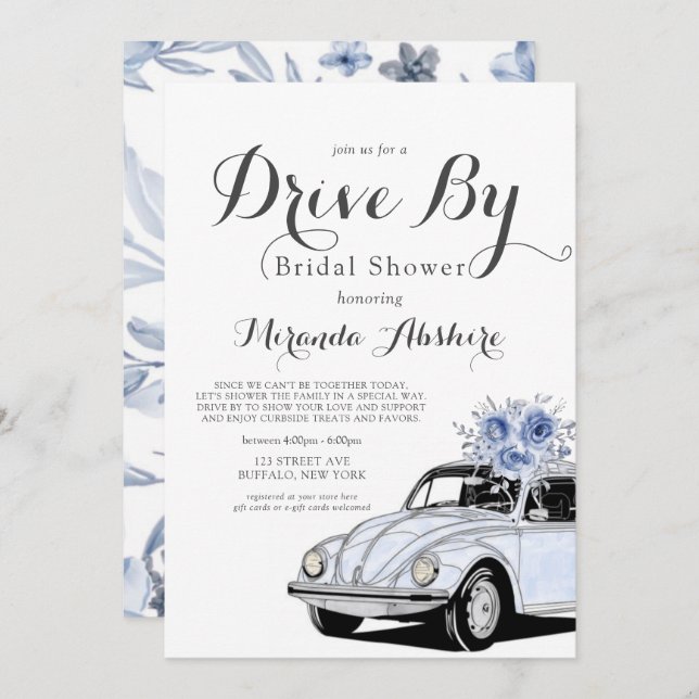 Invitación Duste Auto Floral Gris Azul Con Ducha Británica (Anverso / Reverso)
