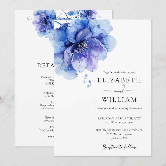 Invitación Duste Azul Acuarela Floral Todo En Un Boda (Anverso / Reverso)