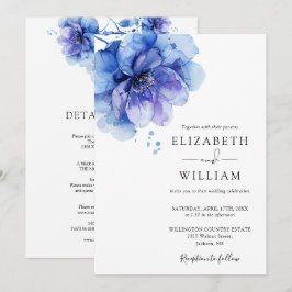 Invitación Duste Azul Acuarela Floral Todo En Un Boda