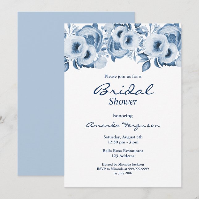 Invitación Duste azul acuático floral ducha de novia blanca (Anverso / Reverso)