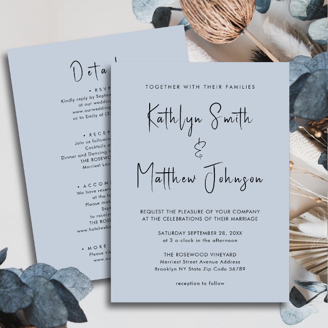 Invitación Duste Azul Azul Moderno Script Todo En Un Boda Sim (Subido por el creador)