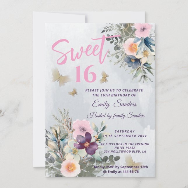 Invitación Duste azul boho acuarela vegetación floral (Anverso)