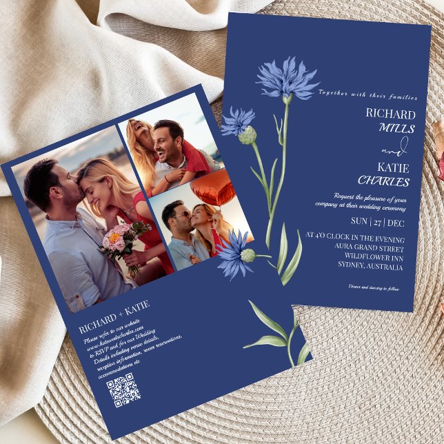 Invitación Duste azul Bold Floral elegante boda de código Qr  (Subido por el creador)