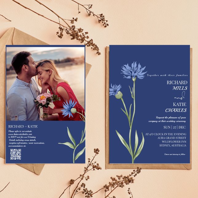 Invitación Duste azul Bold Floral elegante boda de código Qr (Subido por el creador)