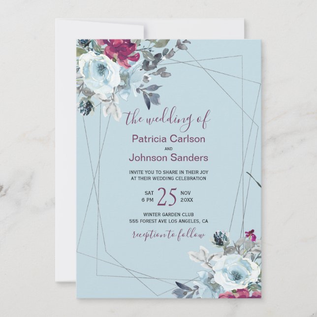 Invitación Duste azul burgundy moda invierno boda floral (Anverso)