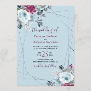 Invitación Duste azul burgundy moda invierno boda floral