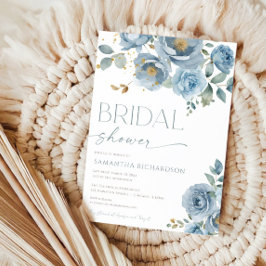 Invitación Duste azul elegante rosas florales ducha de novia