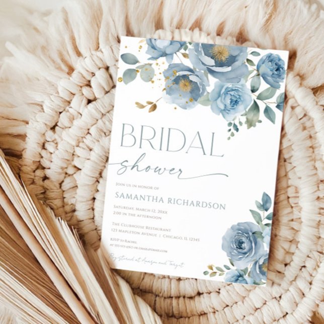 Invitación Duste azul elegante rosas florales ducha de novia (Subido por el creador)