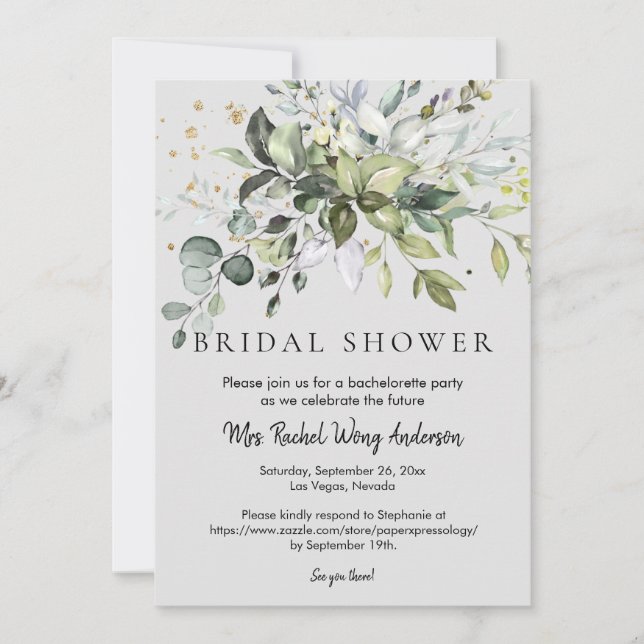 Invitación Duste azul Eucalipto Verde deja ducha de novia (Anverso)