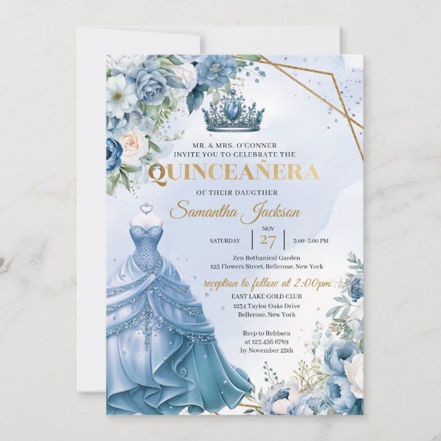 Invitación Duste azul floral Twin Princess Dress Quinceañera (Anverso)