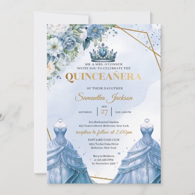 Invitación Duste azul floral Twins Princesa Dress Quinceañera (Anverso)