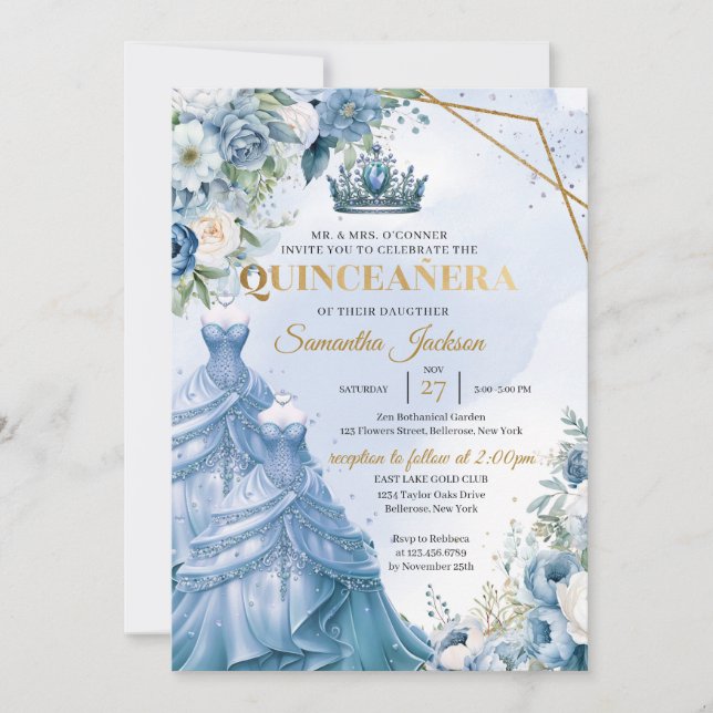 Invitación Duste azul floral Twins Princesa Dress Quinceañera (Anverso)