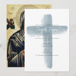 Invitación Duste azul griego ortodoxo cristiano bautismo