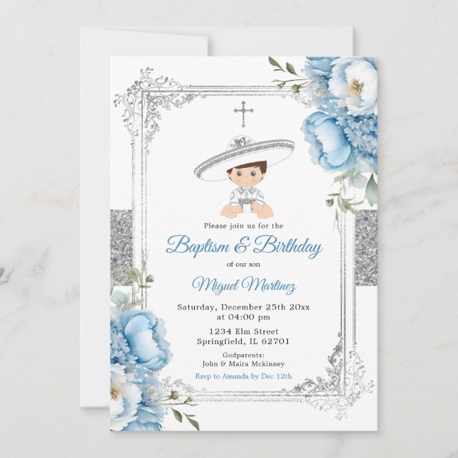 Invitación Duste azul mexicano niño bautizo y plata de cumple (Anverso)