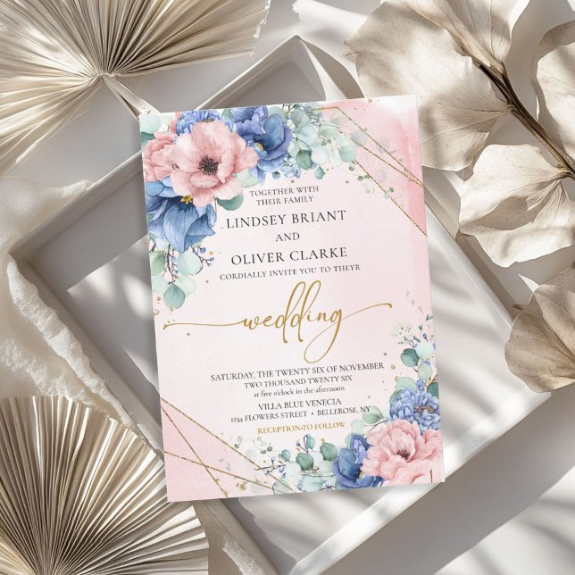 Invitación Duste azul polvoriento rosa imitación de oro geomé (Dusty blue dusty pink faux gold geometric invitation)