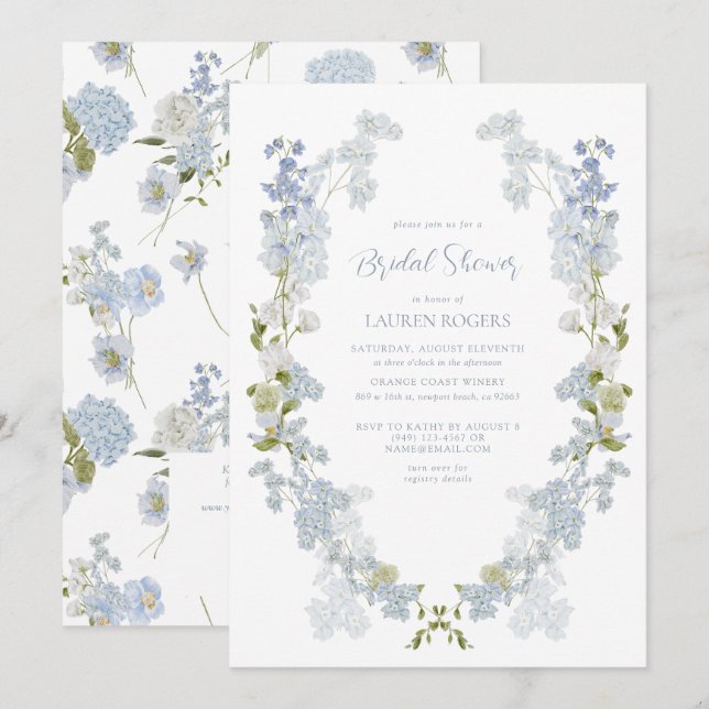 Invitación Duste azul QR Código acuarela Floral Bridal Shower (Anverso / Reverso)