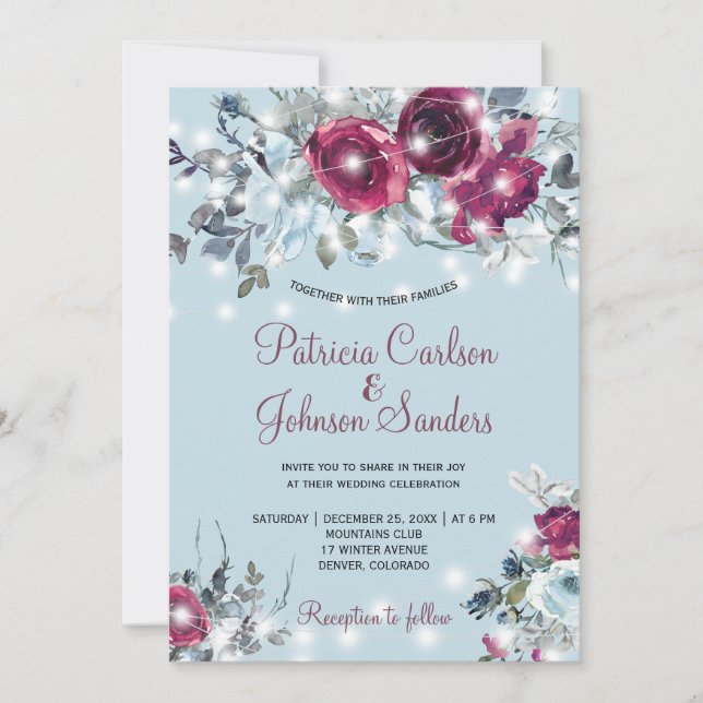 Invitación Duste azul rojo burgundy floral boda de invierno (Anverso)