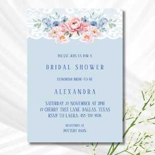 Invitación Duste azul romántico rosado floral de encaje de no
