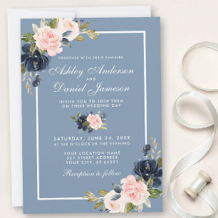 Invitación Duste azul rosa Rubor acuarela Boda floral