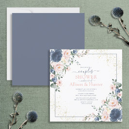 Invitación Duste azul Rubor rosa dorado floral cuadrada ducha