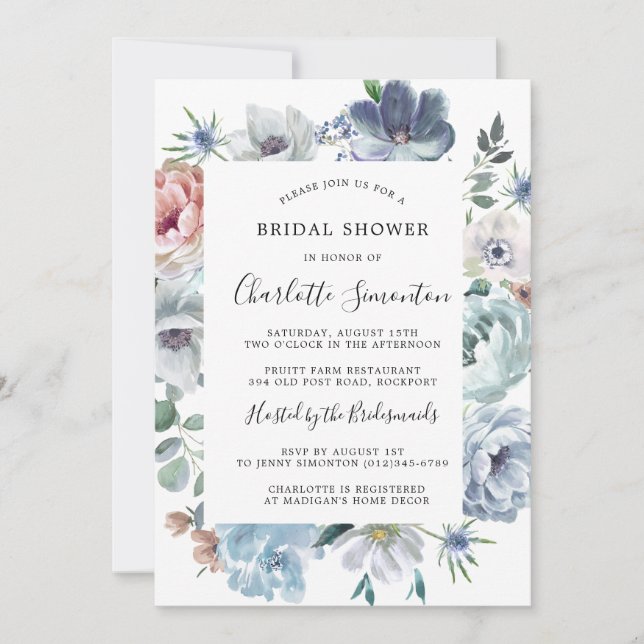 Invitación Duste azul Rubor rosa rosa Floral Bridal Ducha (Anverso)