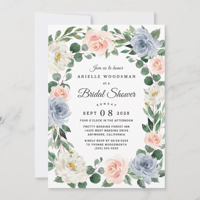 Invitación Duste azul Rubor rosa rosa Floral Bridal Ducha (Anverso)
