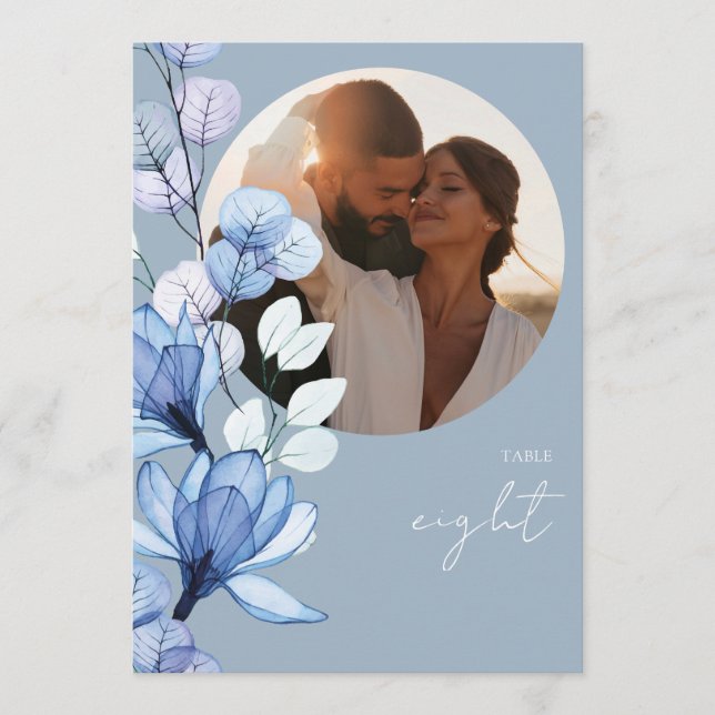 Invitación Duste azul transparente Floral Photo Table Number (Anverso)