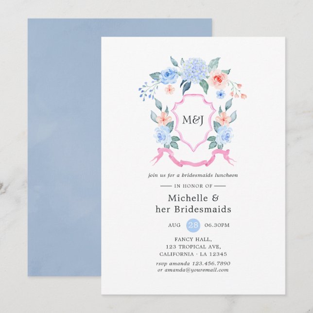 Invitación Duste azul y rosa Escudo Bridesmaids Luncheon (Anverso / Reverso)