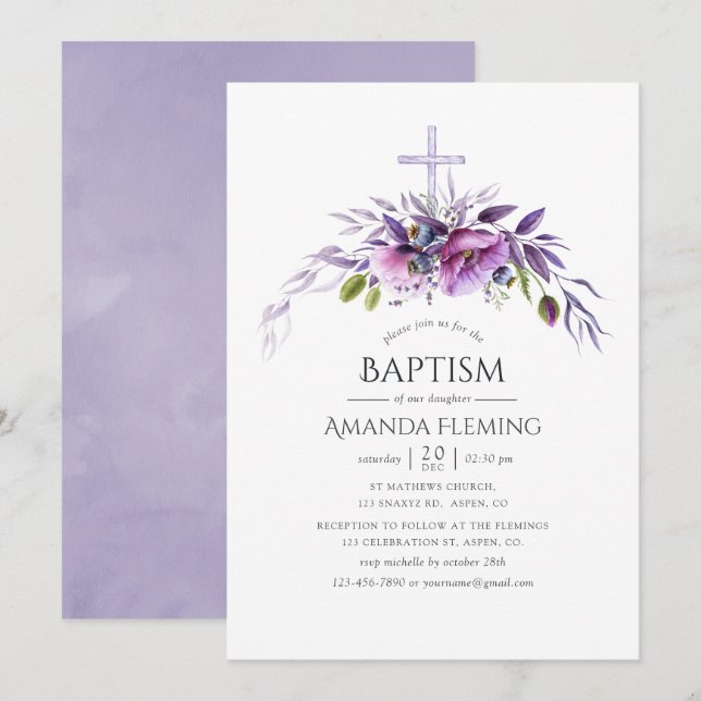 Invitación Duste bautismo floral violeta o cristianismo (Anverso / Reverso)