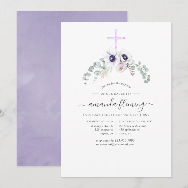 Invitación Duste bautismo floral violeta o cristianismo (Anverso / Reverso)
