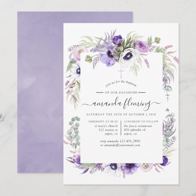 Invitación Duste bautismo floral violeta o cristianismo (Anverso / Reverso)