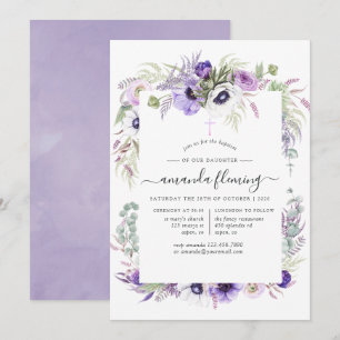Invitación Duste bautismo floral violeta o cristianismo