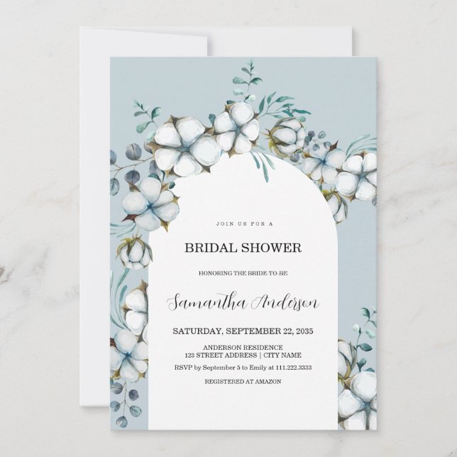 Invitación Duste Blue and white arch Bridal Shower (Anverso)