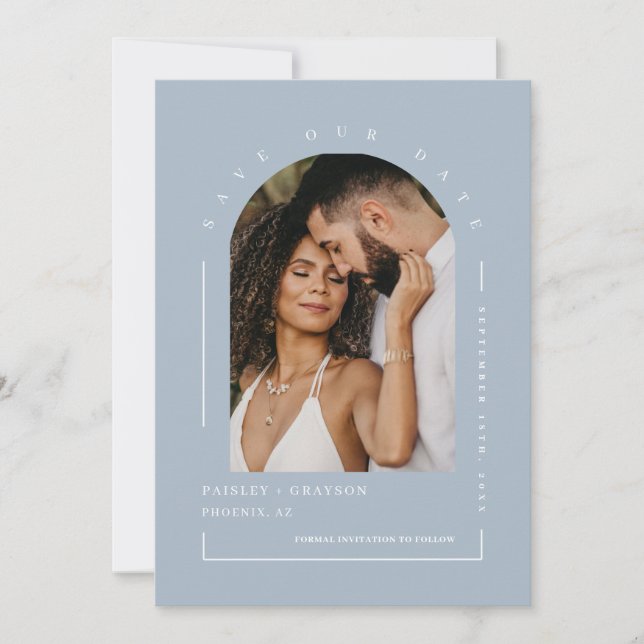 Invitación Duste Blue Boho Arch Foto Código QR Guardar Nuestr (Anverso)