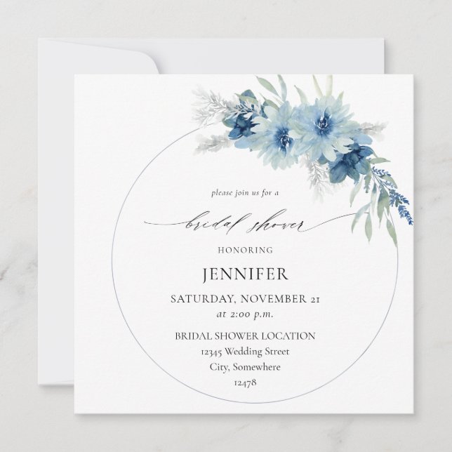 Invitación Duste Blue Boho Floral Ring Bridal Shower (Anverso)