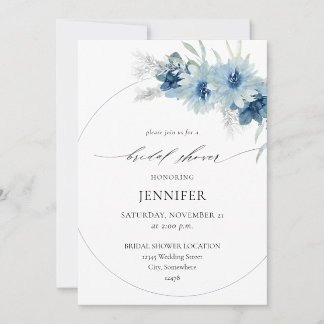 Invitación Duste Blue Boho Floral Ring Bridal Shower B (Anverso)
