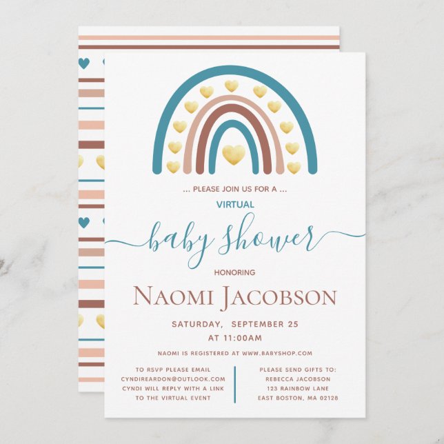 Invitación Duste Blue Boho Rainbow Virtual Baby Shower (Anverso / Reverso)
