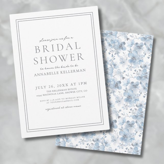 Invitación Duste Blue BotanClassic Elegant Bridal Shower (Dusty Blue Botanical Classic Elegant Bridal Shower Invitation)