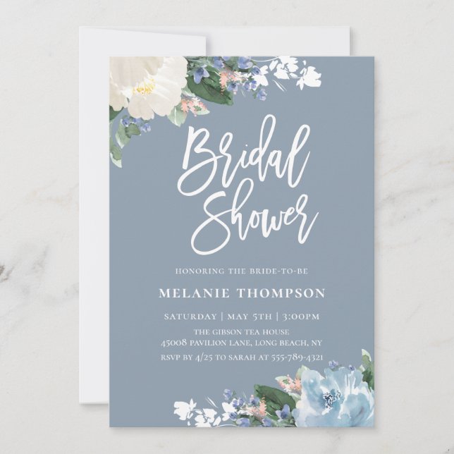Invitación Duste Blue Botanical Floral Bridal Shower (Anverso)
