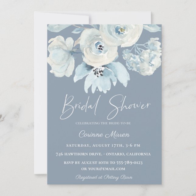 Invitación Duste Blue Botanical Floral Bridal Shower (Anverso)