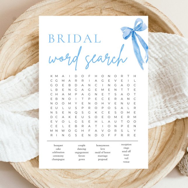 Invitación Duste Blue Bow Bridal Shower Juego de búsqueda de  (Watercolor Dusty Blue Bow Bridal Shower Word Search Game )