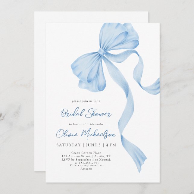 Invitación Duste Blue Bow Coquette Ribbon Bridal Shower (Anverso / Reverso)