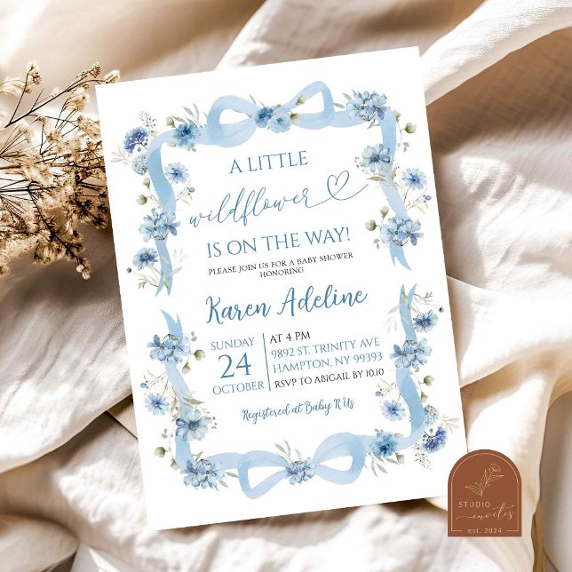 Invitación Duste Blue Bow Little Wildflower Baby Shower (Subido por el creador)